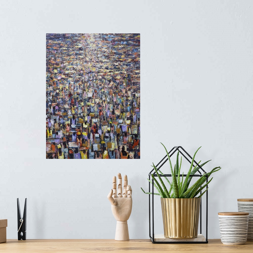 A bohemian room featuring Francis Amoah depicts a city market in West Africa, as merchants and shoppers push in throngs dow...