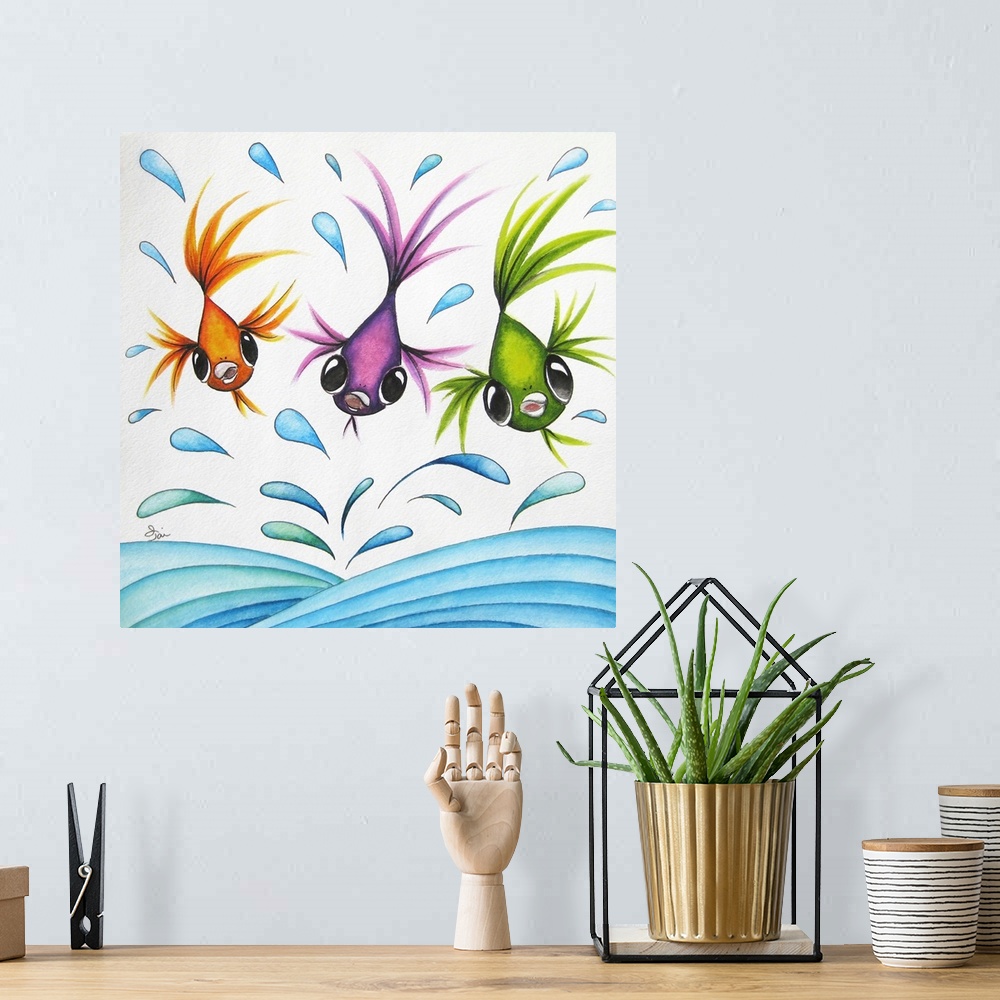A bohemian room featuring Square painting with three bright fish swimming through water droplets.