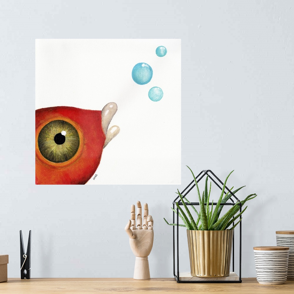 A bohemian room featuring Square painting of a bright orange and red fish with a large eye  a bubbles coming from its mouth.