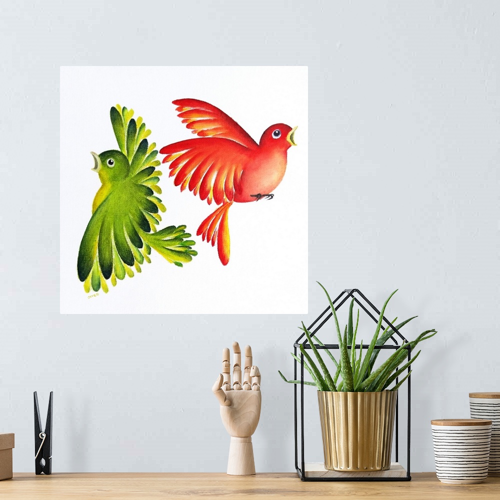 A bohemian room featuring Square painting of two vibrant birds, one red and yellow and the other green and yellow, on a whi...
