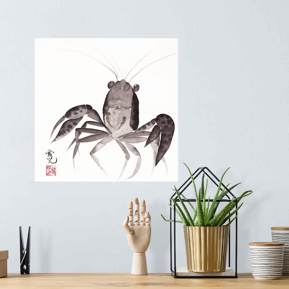 A bohemian room featuring Painted portrait of a mini lobster (orange crayfish) walking with its head held high.