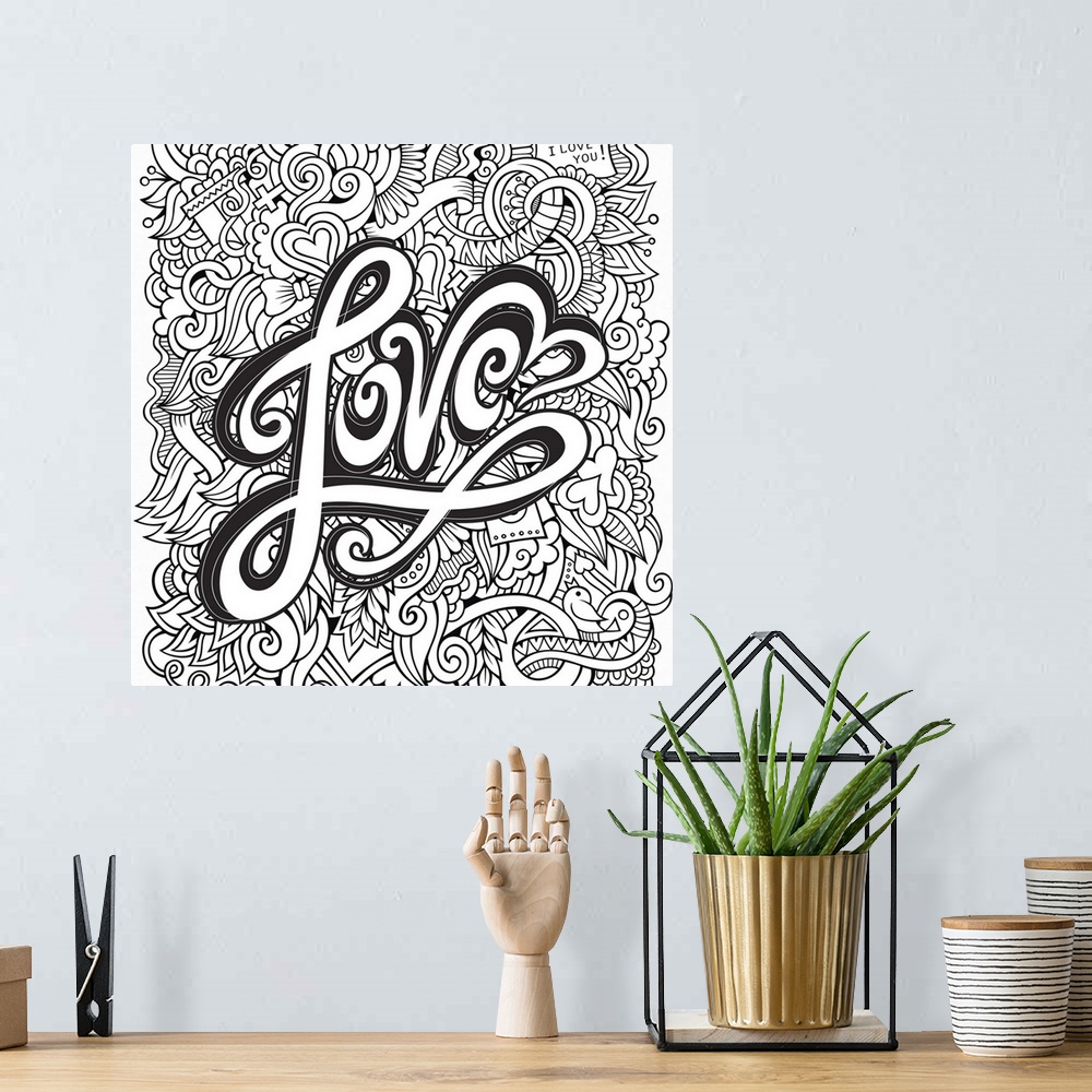 A bohemian room featuring The word "Love" written in flowing script with hearts and swirls behind. Perfect for Coloring Can...