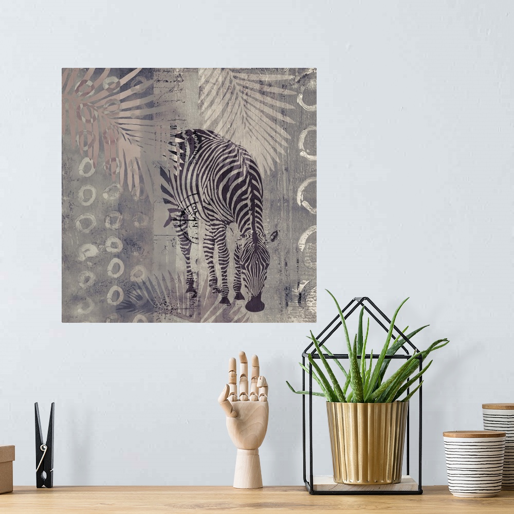 A bohemian room featuring Modern mixed media art with wild zebra in muted and neutral colors.