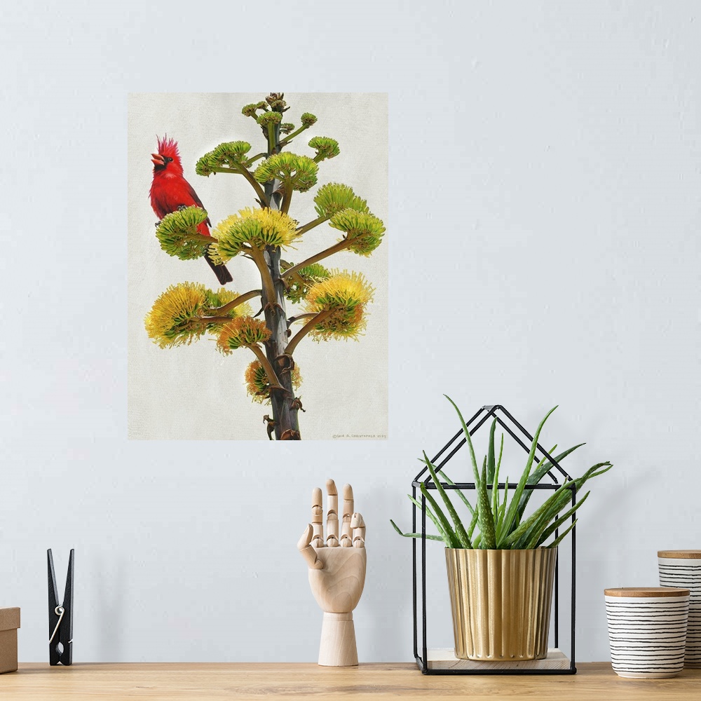 A bohemian room featuring Contemporary artwork of a cardinal perched on a tree branch.