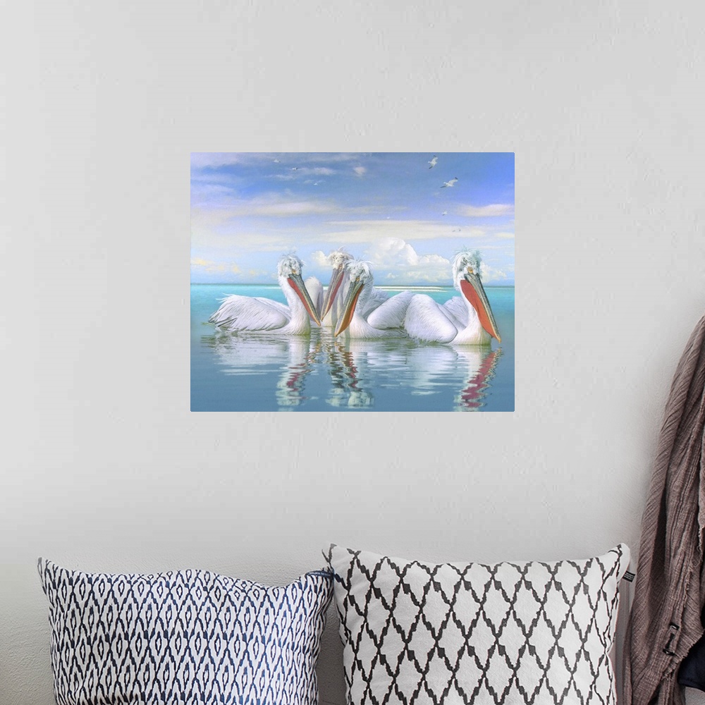 A bohemian room featuring A painterly texturized image of three white pelicans basking in the warm ocean sunshine with sea ...