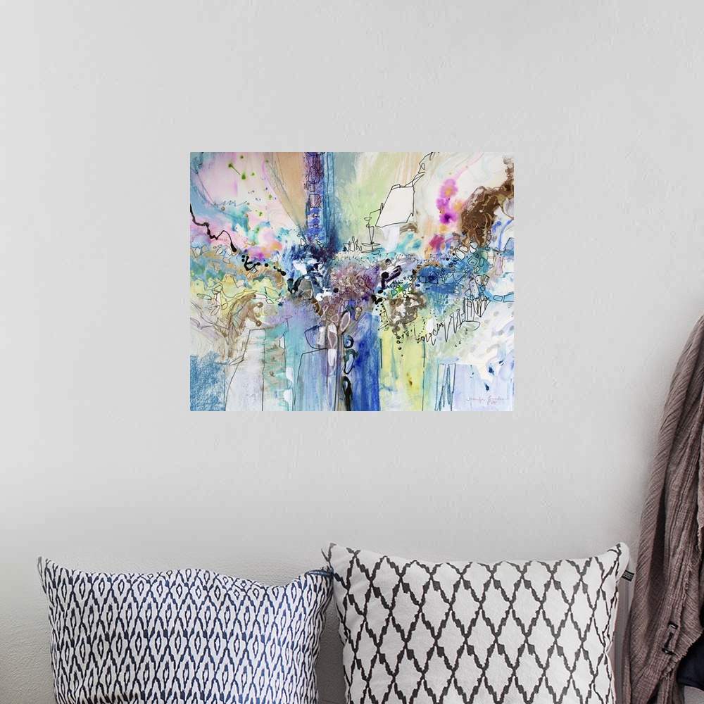 A bohemian room featuring Contemporary abstract art, originally in acrylic, ink, and watercolor, of blue and purple splatte...