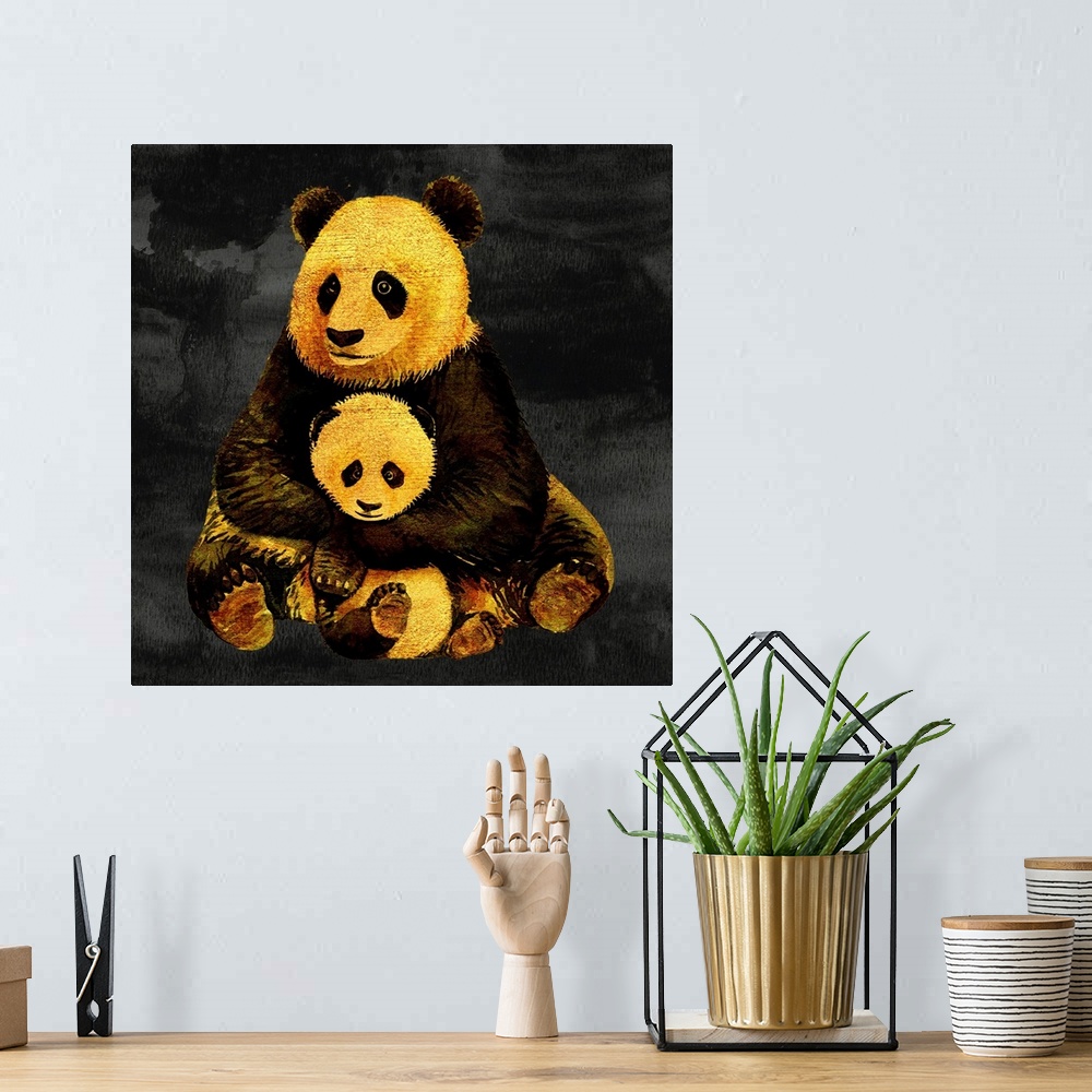 A bohemian room featuring Fluffy mama panda holding baby panda as the night falls. Sichuan Province rainforest, China.
