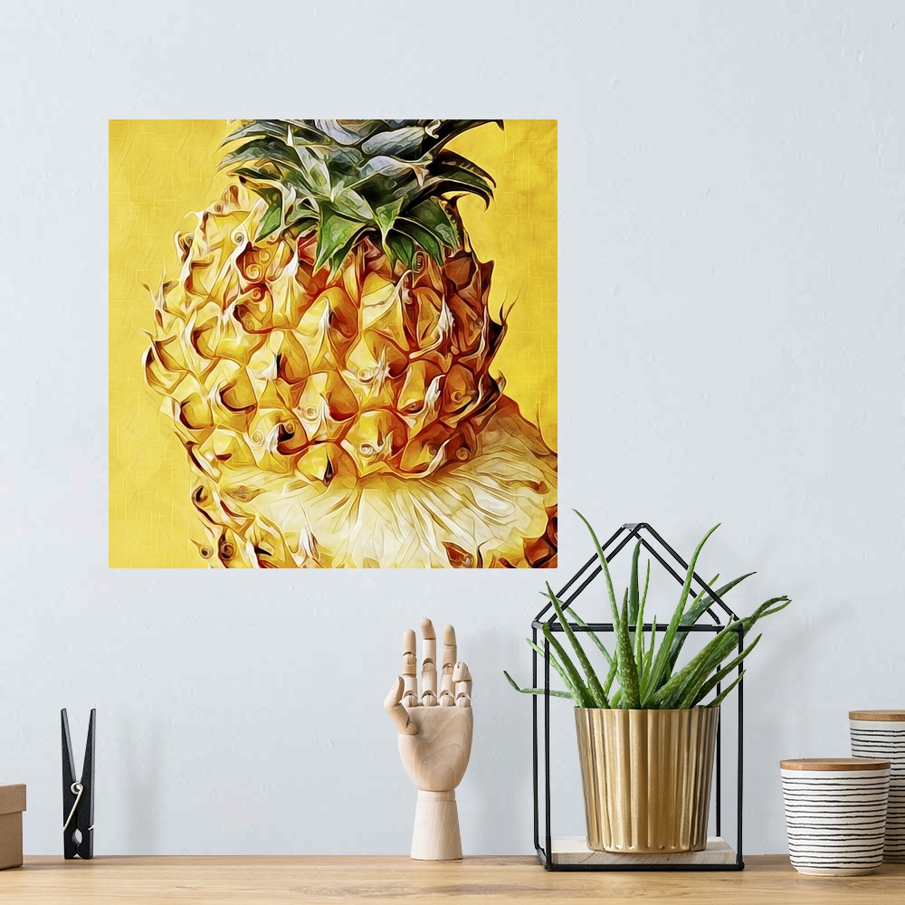 A bohemian room featuring Digital fine art print of a golden pineapple, cut in half with the top piece sitting slightly off...
