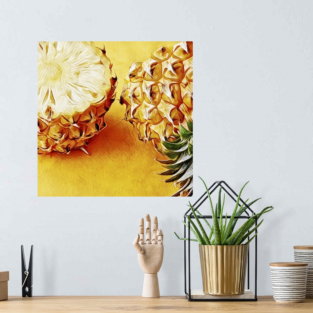 A bohemian room featuring Digital fine art print of a golden pineapple, cut in half, top and bottom placed side by side.