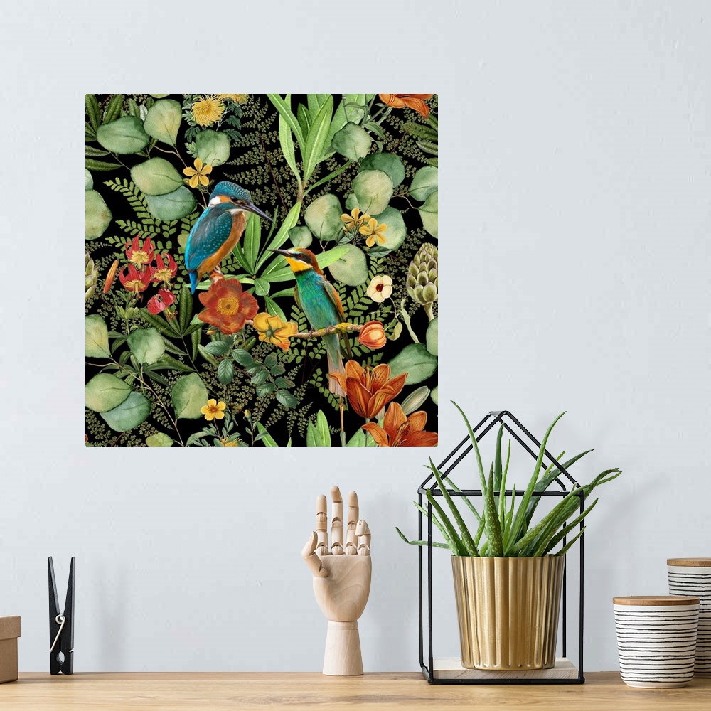 A bohemian room featuring Mixed media art kingfisher bird surrounded by lush vegetation and flowers.