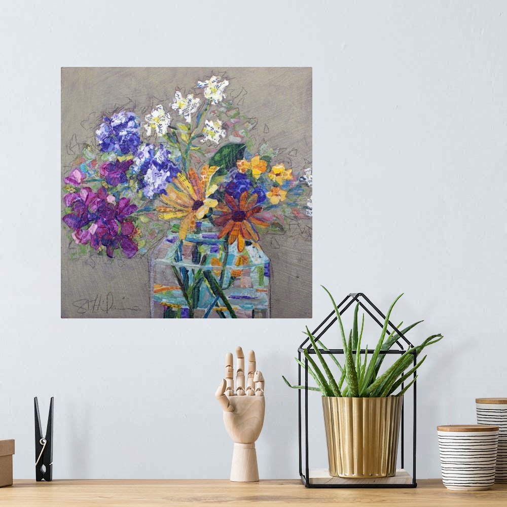 A bohemian room featuring Colorful wildflowers in a glass jar on a neutral background, created with mixed media collage of ...