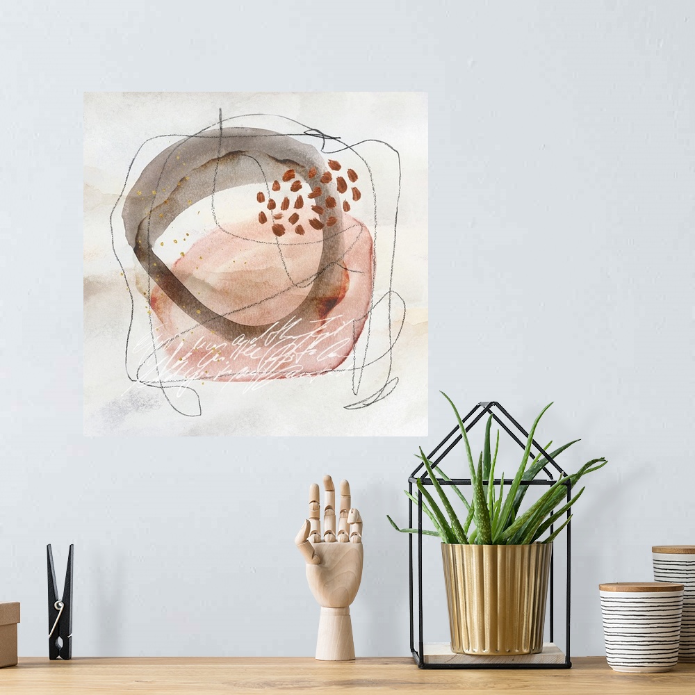 A bohemian room featuring Mixed media watercolor abstract art with handwriting, shapes, and lines in soft pastel neutral co...
