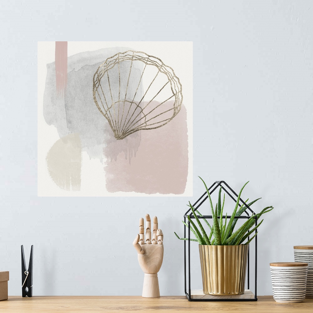 A bohemian room featuring Watercolor abstract shell print in soft pastel shades of rose gold, pewter silver, blue gray, dus...