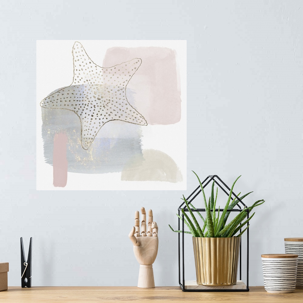 A bohemian room featuring Watercolor abstract starfish print in soft pastel shades of rose gold, pewter silver, blue gray, ...