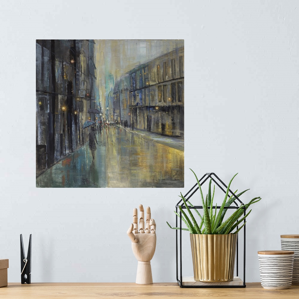 A bohemian room featuring Contemporary painting of a woman walking in the rain on a quiet city street at night.