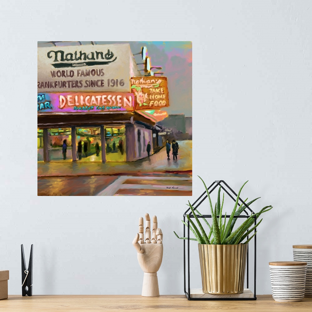 A bohemian room featuring Art print of the neon signs for Nathan's Famous Hot Dogs, a Coney Island staple.