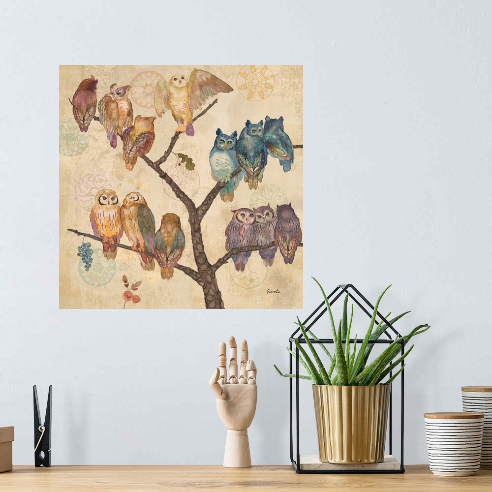 A bohemian room featuring Contemporary artwork of a group of owls perched on branches of a tree.