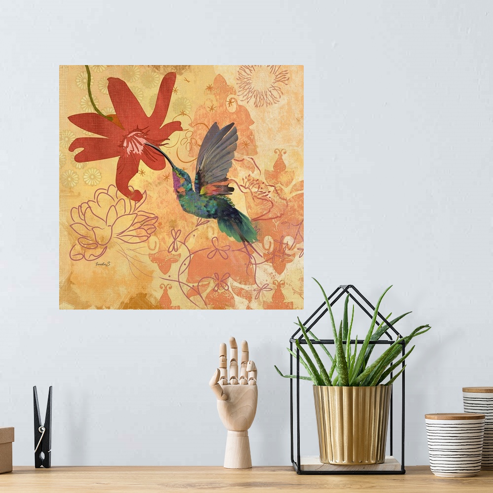 A bohemian room featuring Artwork of a bright green hummingbird hovering up to a flower, against a rustic floral background.