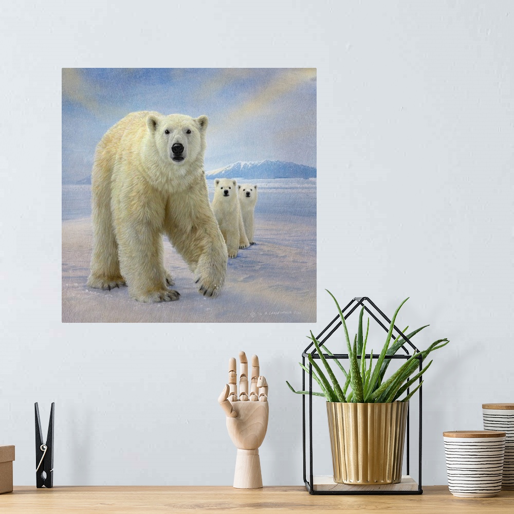 A bohemian room featuring Contemporary artwork of a mother polar bear and her cubs in the arctic tundra.