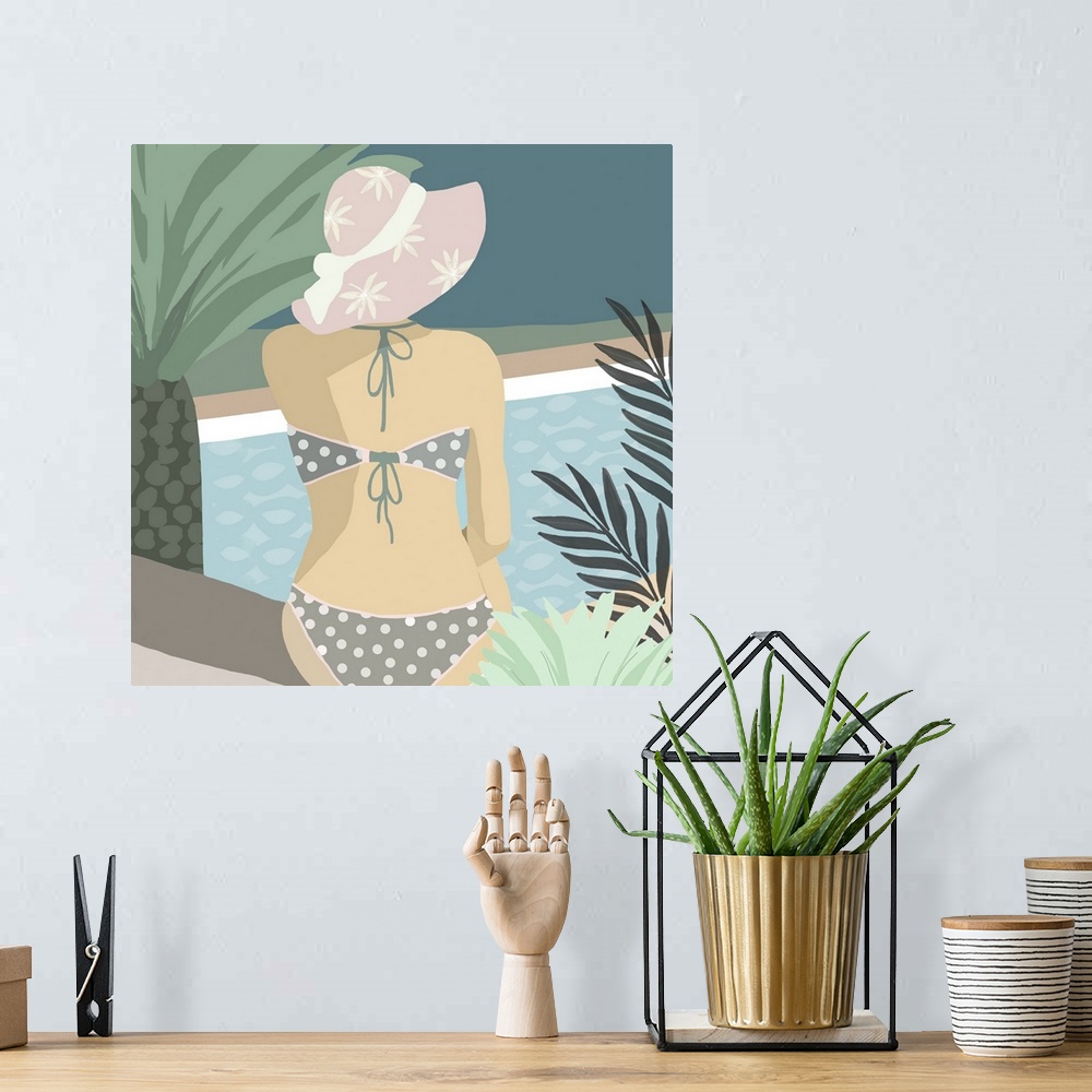 A bohemian room featuring Woman in polka dot bikini sitting by a swimming pool with palm trees.