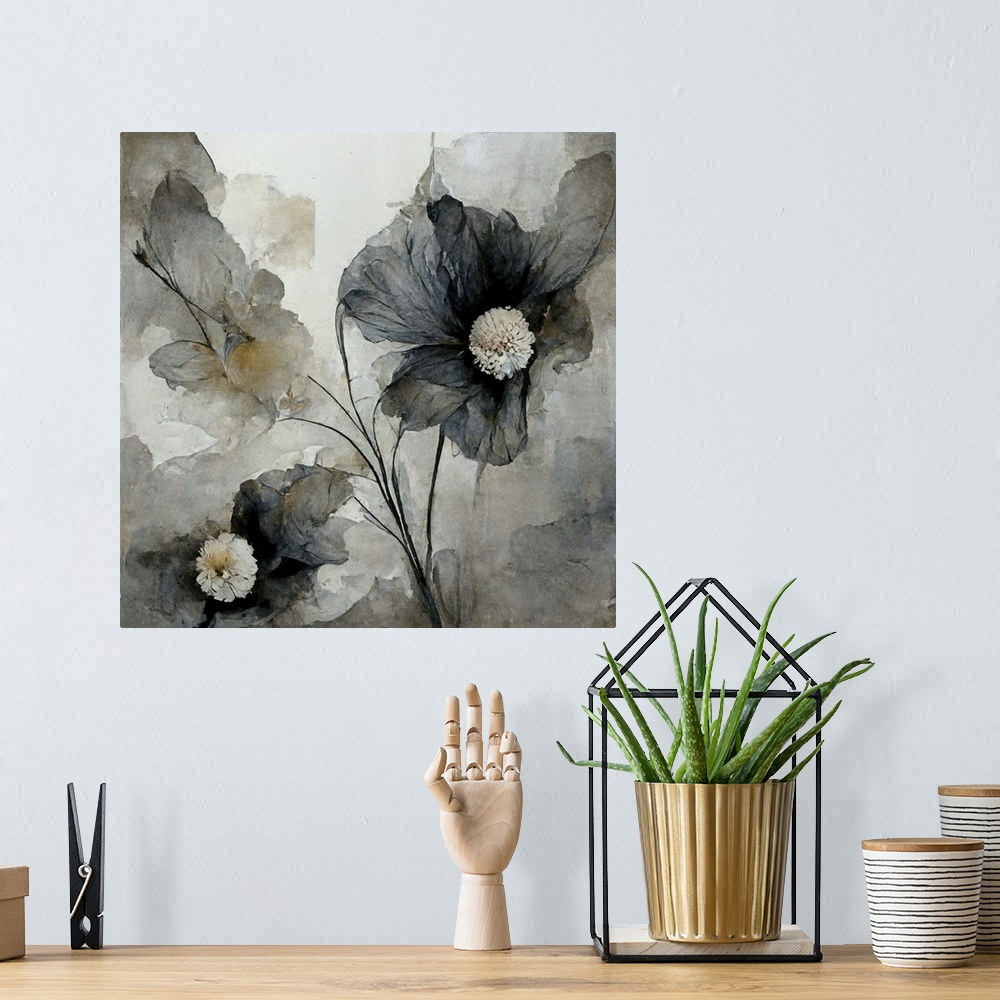 A bohemian room featuring Gray, painterly watercolor flowers.