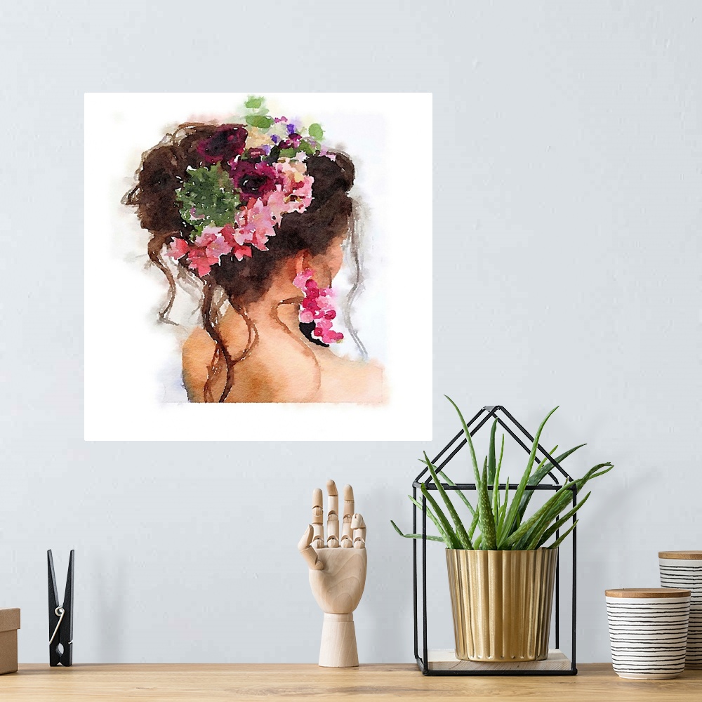 A bohemian room featuring Watercolor portrait of a woman with her hair styled up and decorated with flowers.