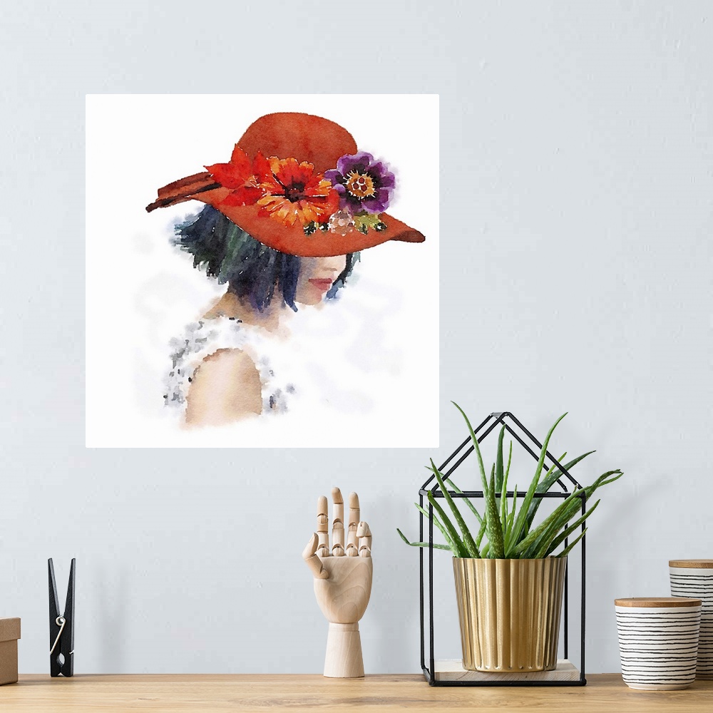 A bohemian room featuring Watercolor portrait of a woman wearing a red hat decorated with flowers on the brim.