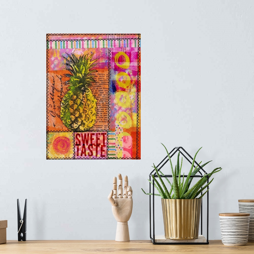 A bohemian room featuring Colorful mixed media art with exotic pineapple and text elements.