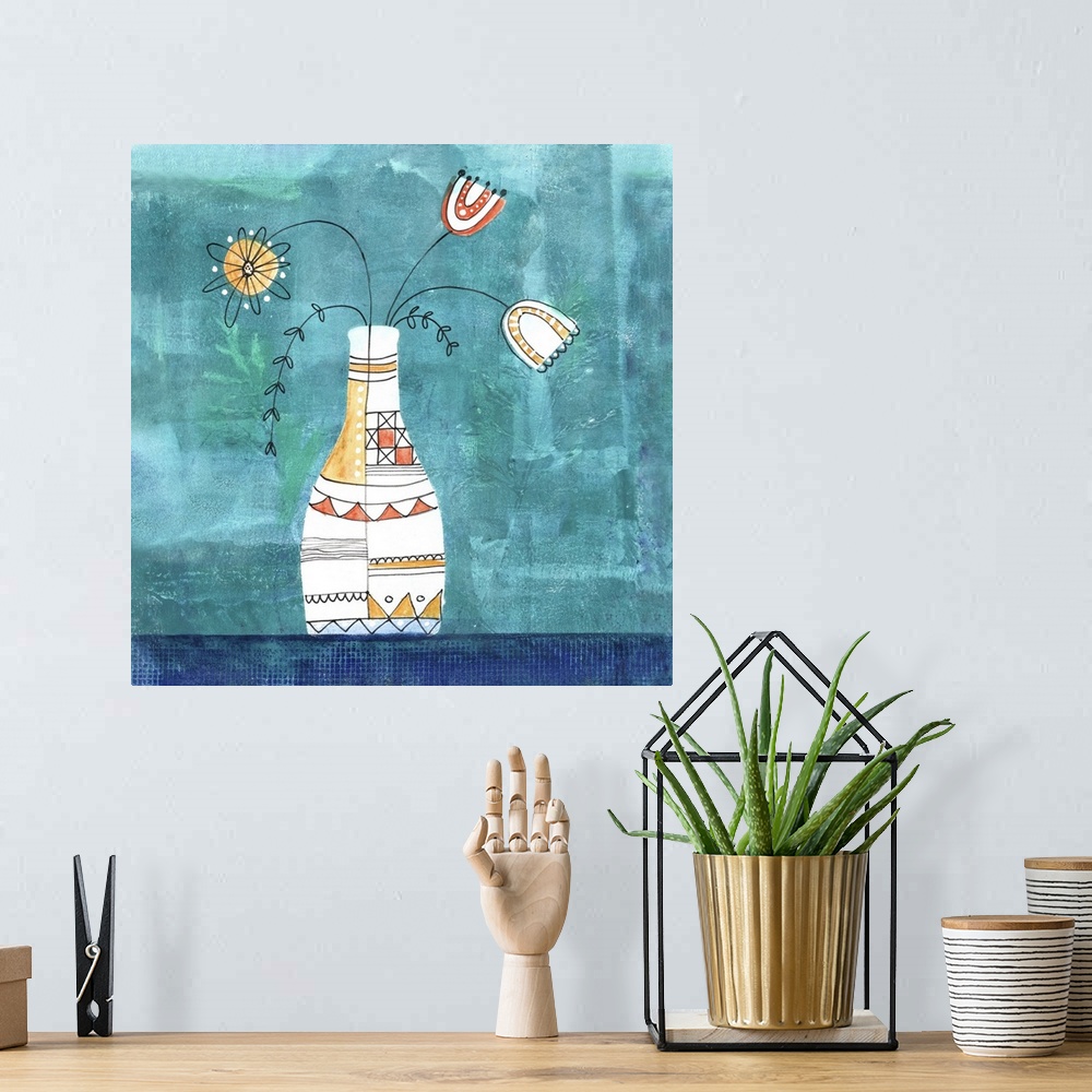 A bohemian room featuring Whimsical flowers in vase mixed media painting.