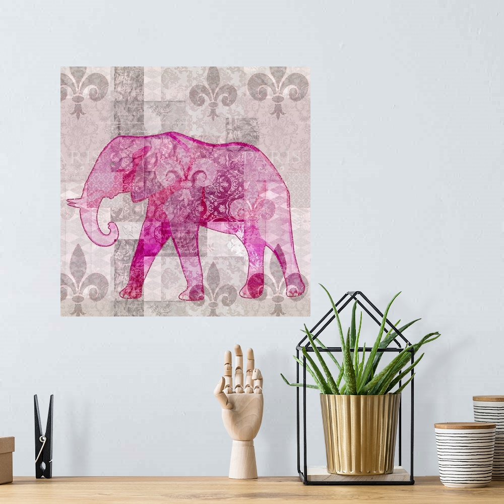 A bohemian room featuring Tropical vibe mixed media art with pink elephant on unique texture.