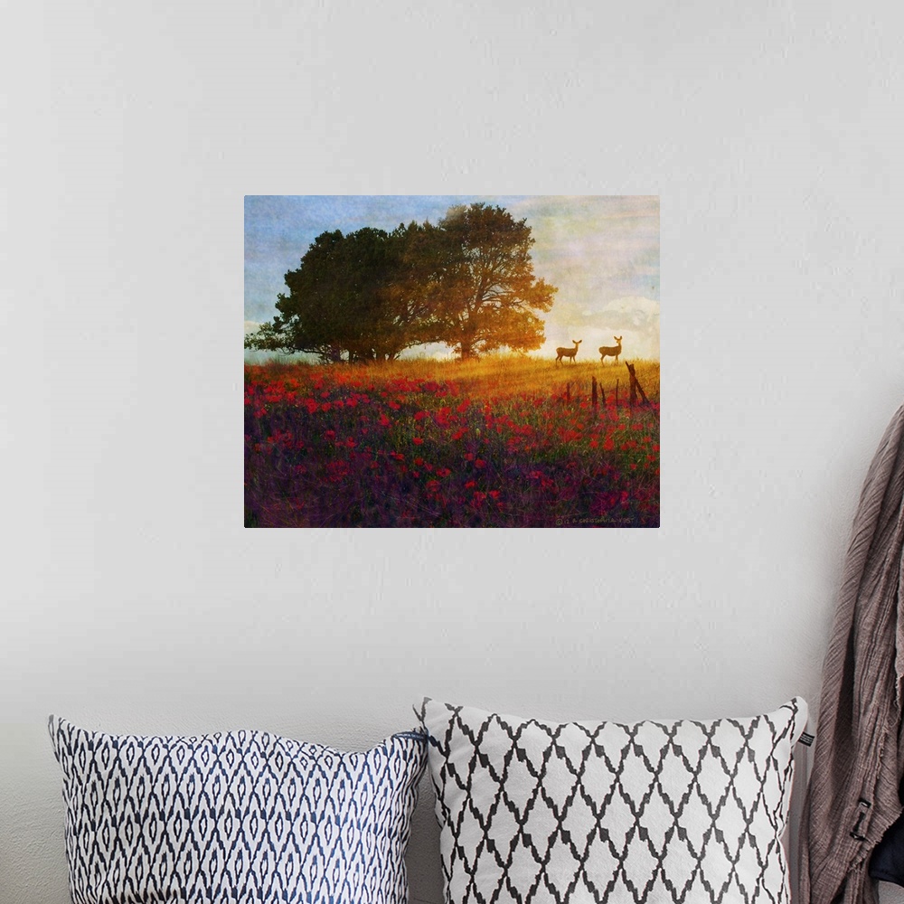 A bohemian room featuring Trees Poppies and Deer II