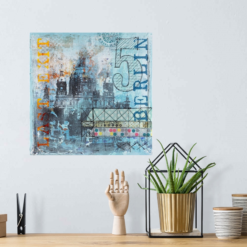 A bohemian room featuring Mixed media art of Berlin cathedral with text elements in shades of blue.