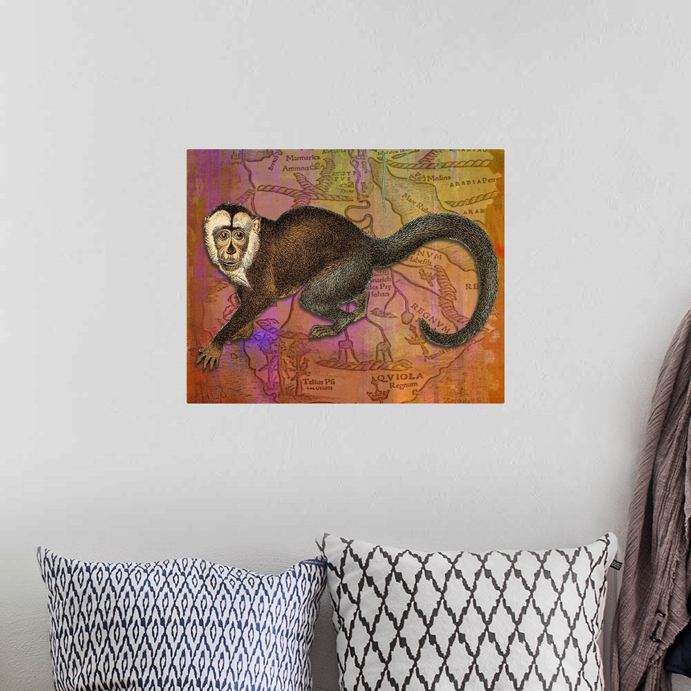 A bohemian room featuring Colourful vintage effect mixed media monkey print.