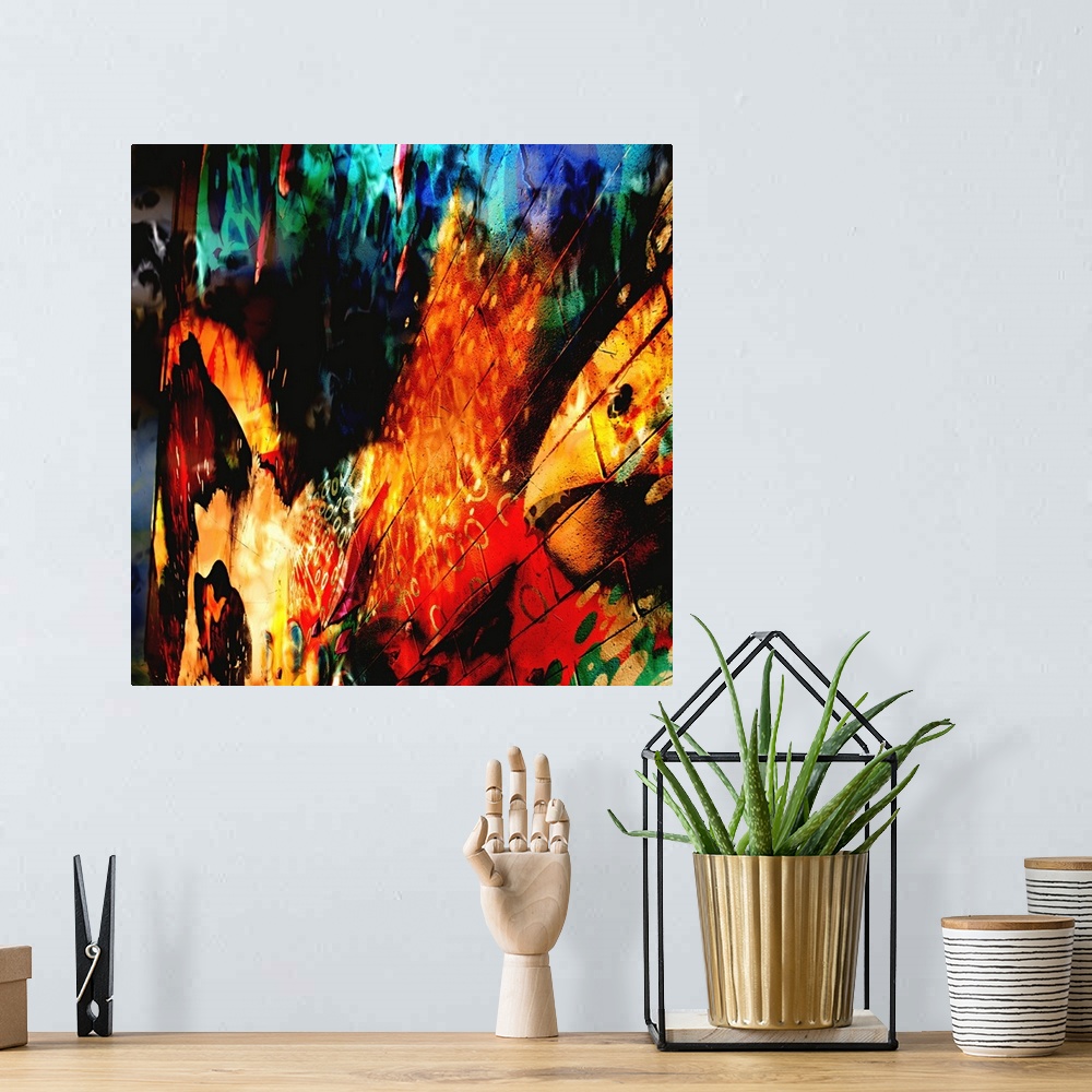 A bohemian room featuring Intense fiery colors and warped imagery of a city street scene, creating an abstract image.