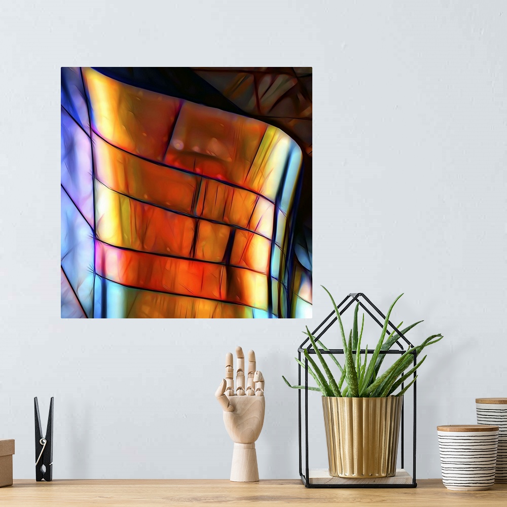A bohemian room featuring Conceptual photograph of neon colored panels, warped and curved to create an abstract image.