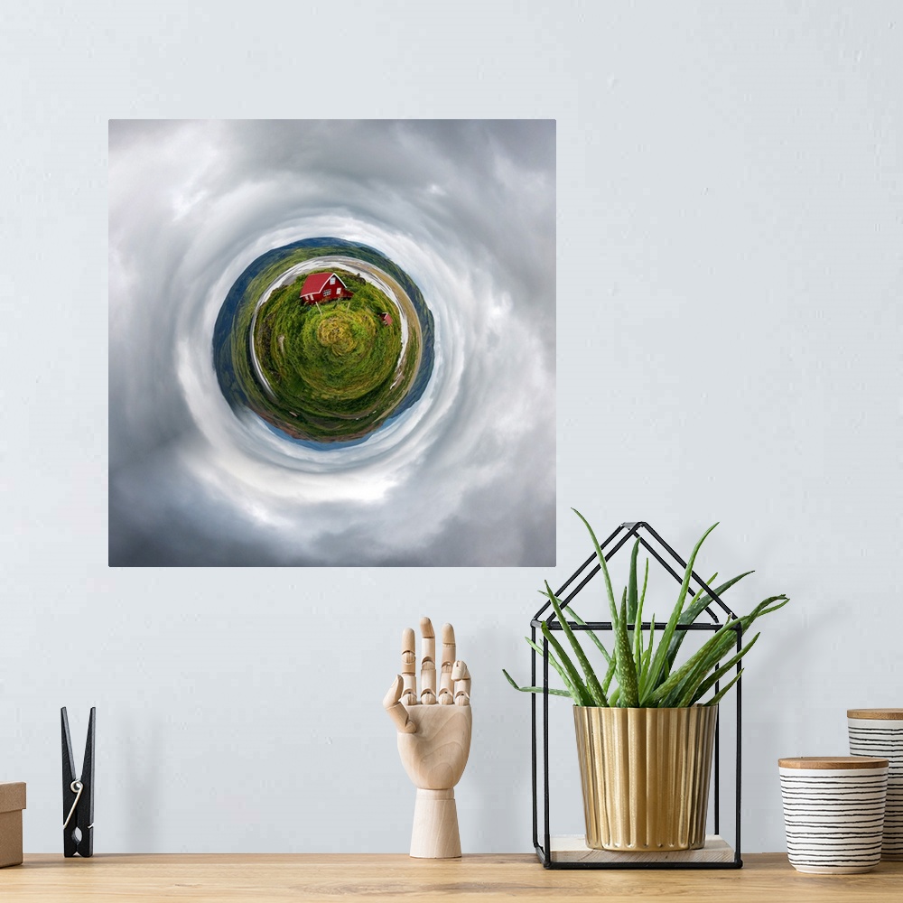 A bohemian room featuring A red farmhouse in a lush green field under stormclouds, with a stereographic projection effect o...