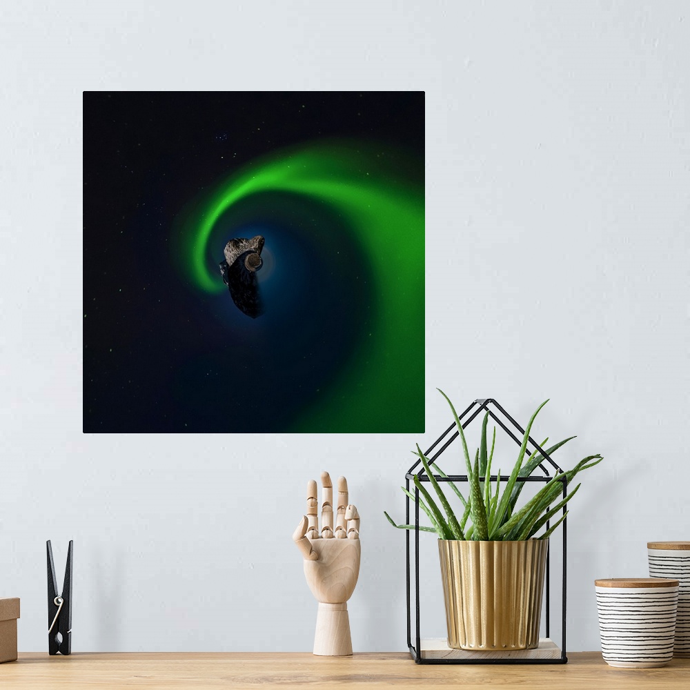 A bohemian room featuring Swirling green aurora borealis, with a stereographic projection effect on the image, resembling a...