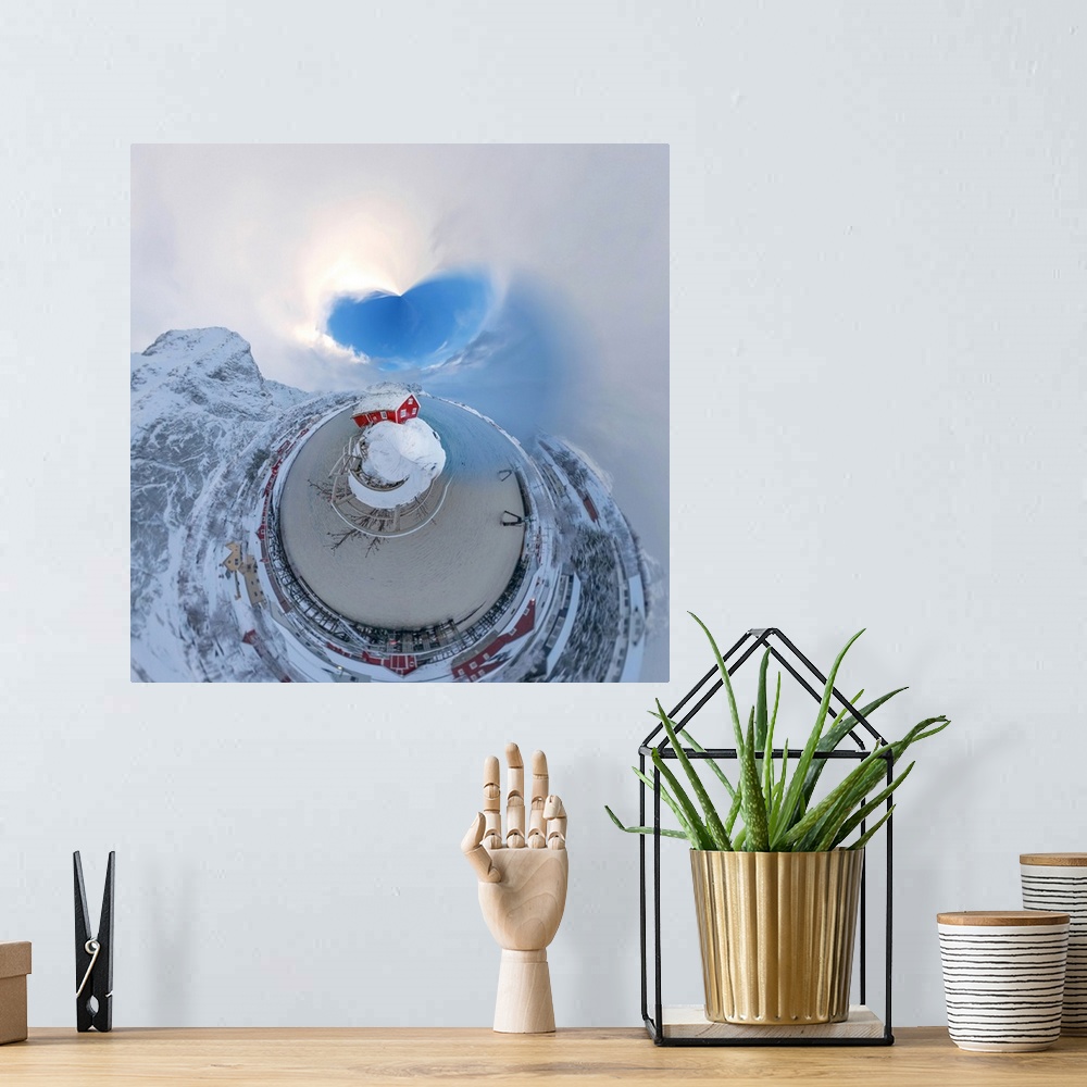 A bohemian room featuring A red barn surrounded by tall mountains in the winter, with a stereographic projection effect on ...