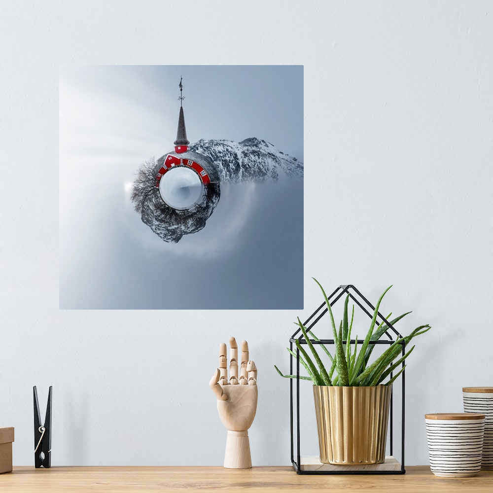 A bohemian room featuring A red church with a tall steeple in the winter, with a stereographic projection effect on the ima...