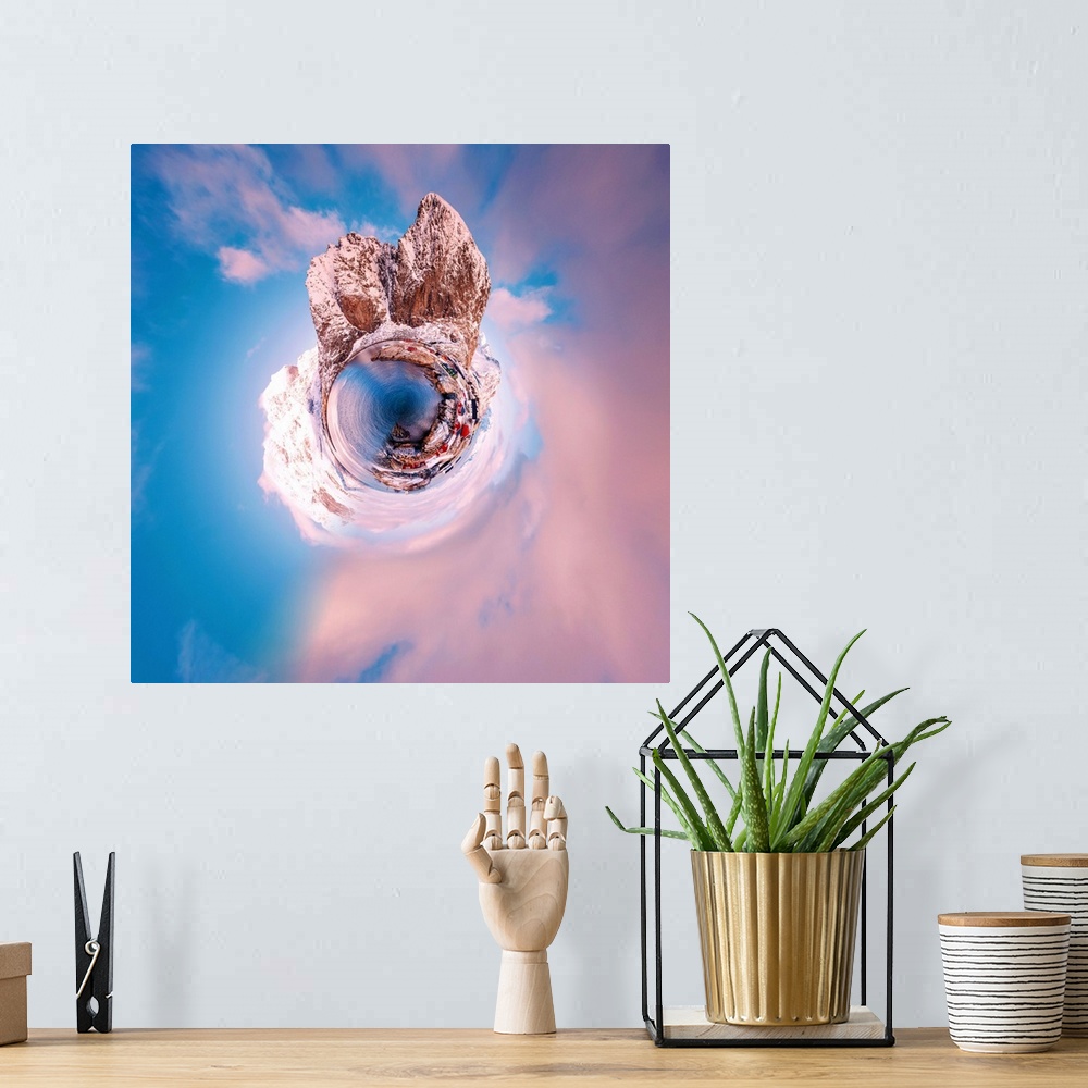 A bohemian room featuring Snow covered mountain peaks at sunset with a pale pink sky, with a stereographic projection effec...