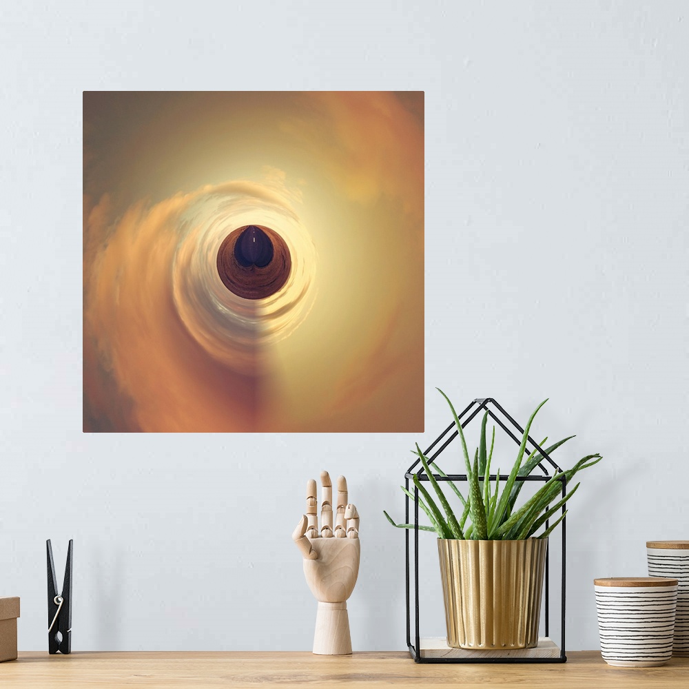 A bohemian room featuring A road under a sky glowing orange at sunset, with a stereographic projection effect on the image,...