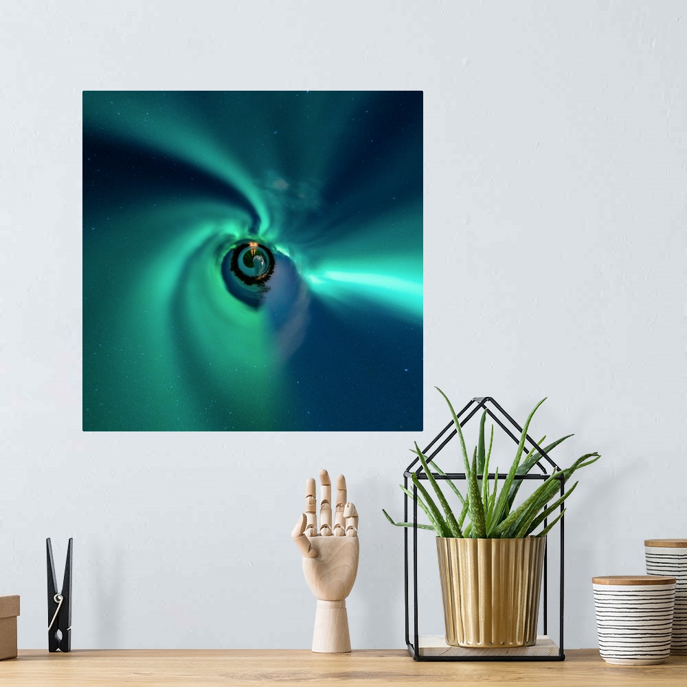 A bohemian room featuring The Northern Lights glowing green at night, with a stereographic projection effect on the image, ...