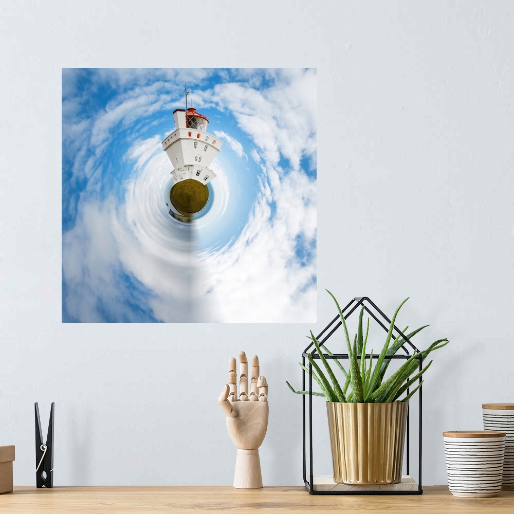 A bohemian room featuring A tall white building rising into the cloudy sky, with a stereographic projection effect on the i...