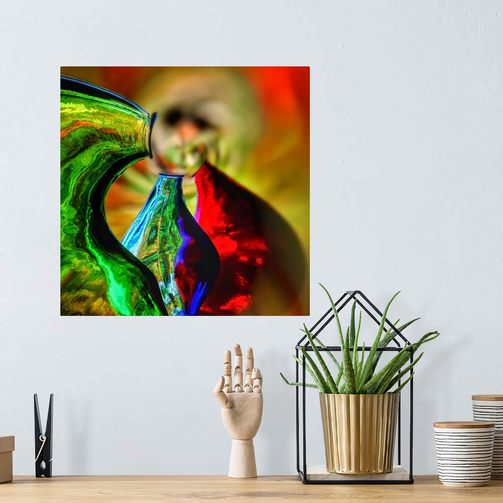 A bohemian room featuring Abstract photo of colorful glass vases swirling together against a blurred background.