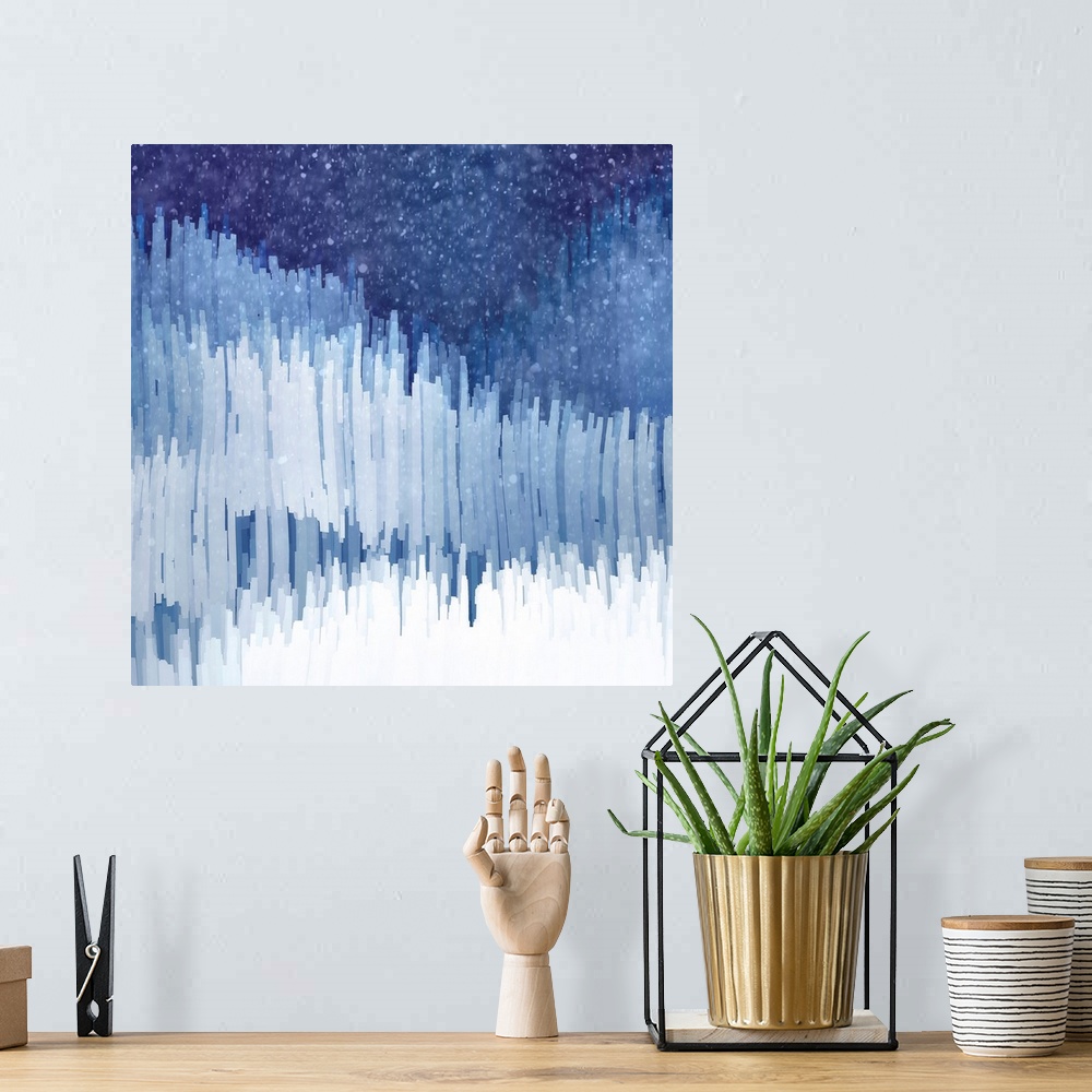 A bohemian room featuring Square abstract with small vertical lines stacked in rows in shades of blue and white with a dark...