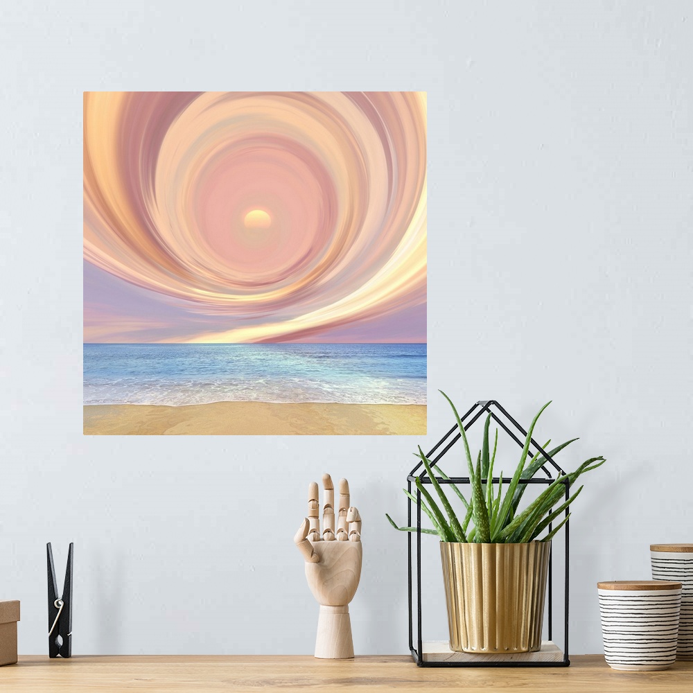 A bohemian room featuring Conceptual photograph of a pink spiraled circle in the sky above the ocean and beach.