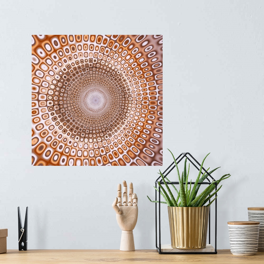 A bohemian room featuring Psychedelic square abstract in shades of brown, orange, and white with circles creating smaller c...