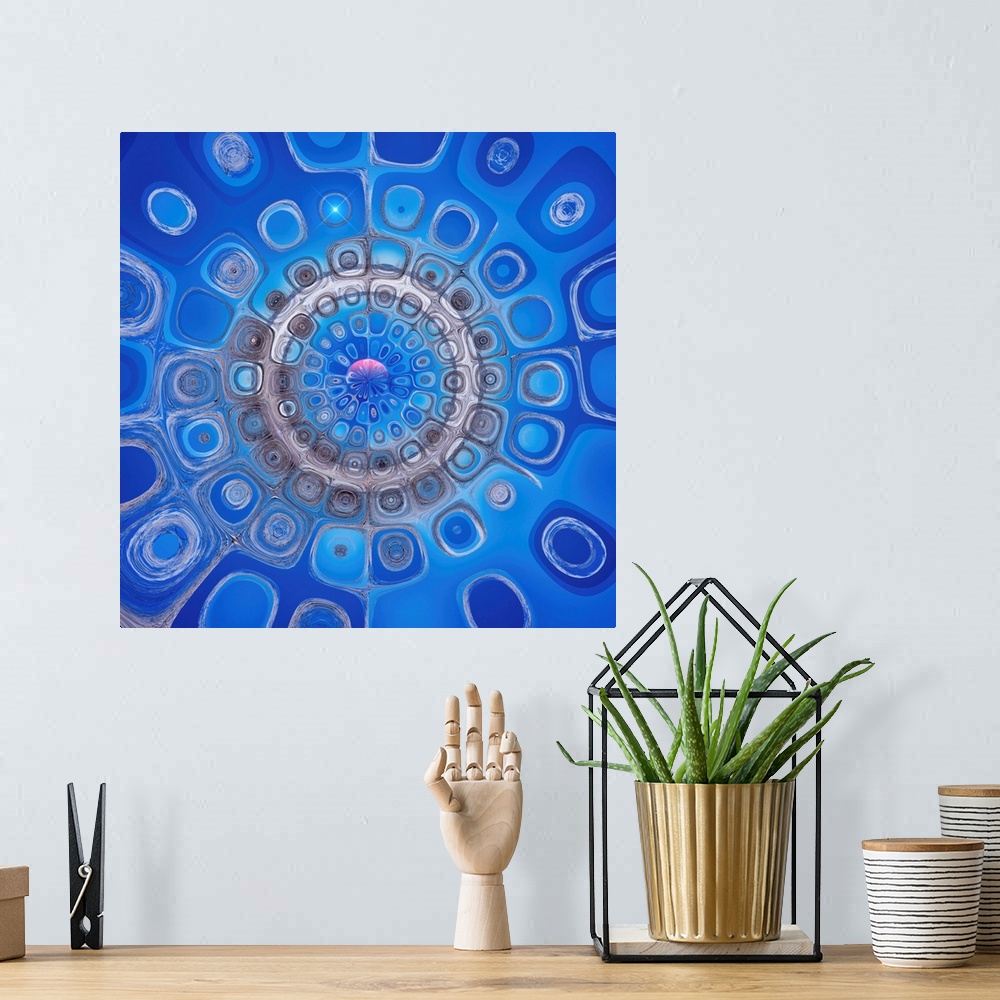 A bohemian room featuring Square abstract art with circular shapes creating circles into the center in shades of blue and g...