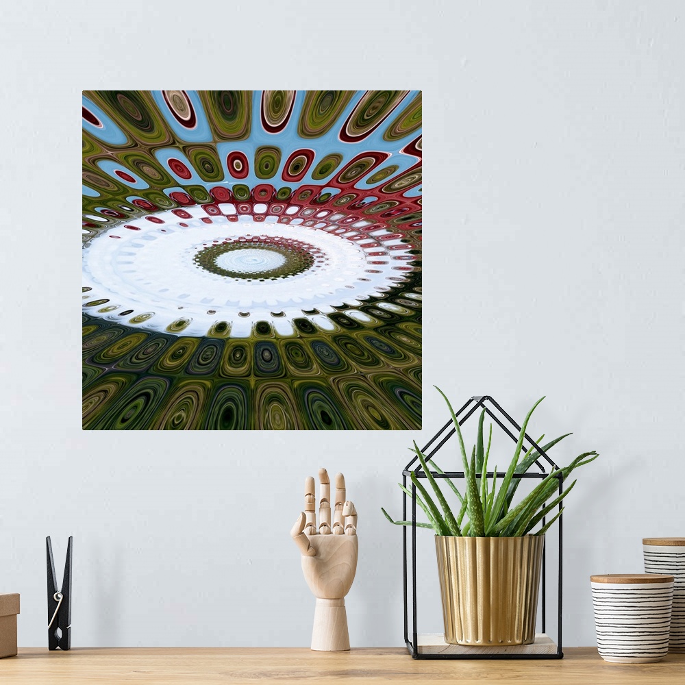 A bohemian room featuring Square abstract art with circles creating squares and leading to a bright white circular center t...