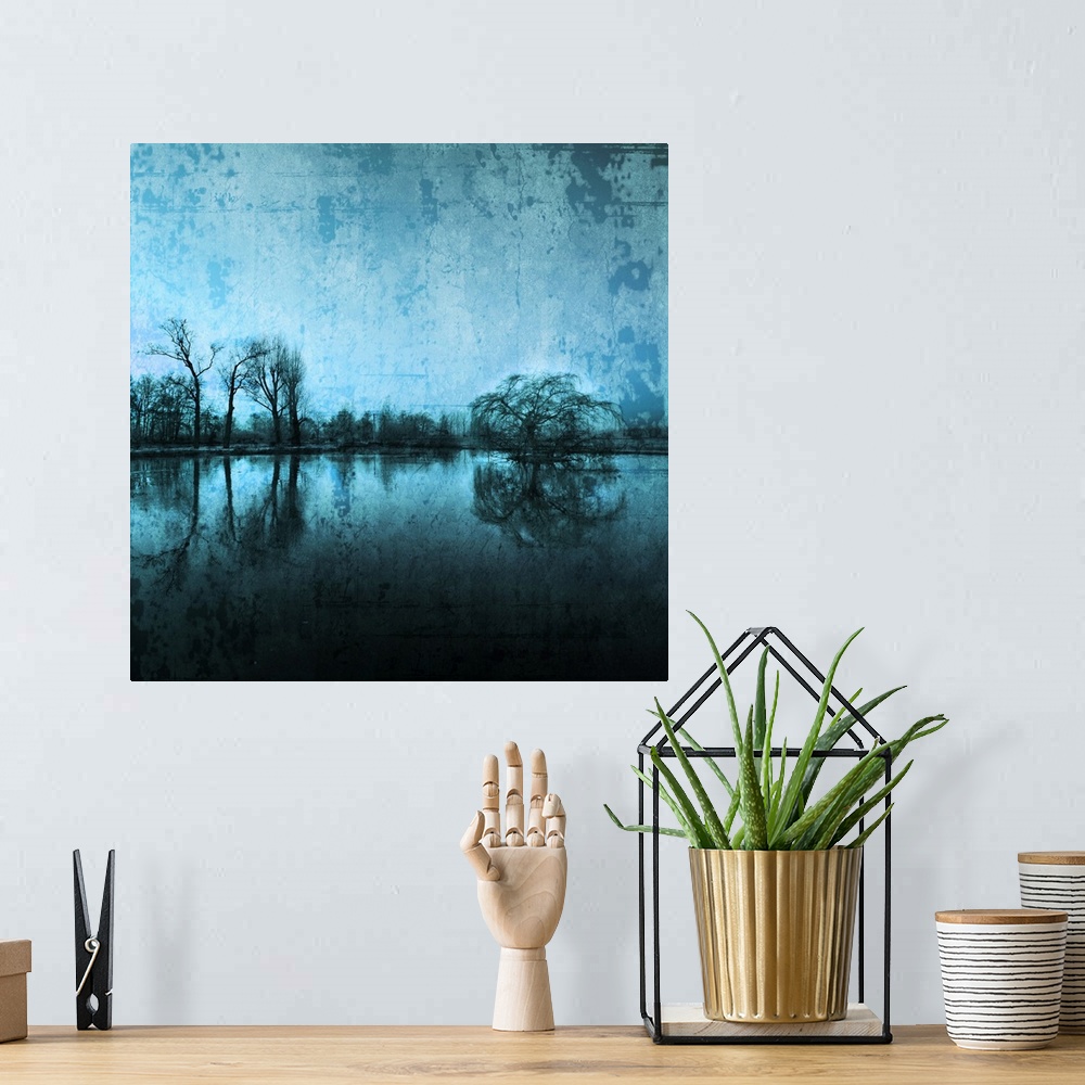 A bohemian room featuring Trees reflected in the water. Photo with a texture